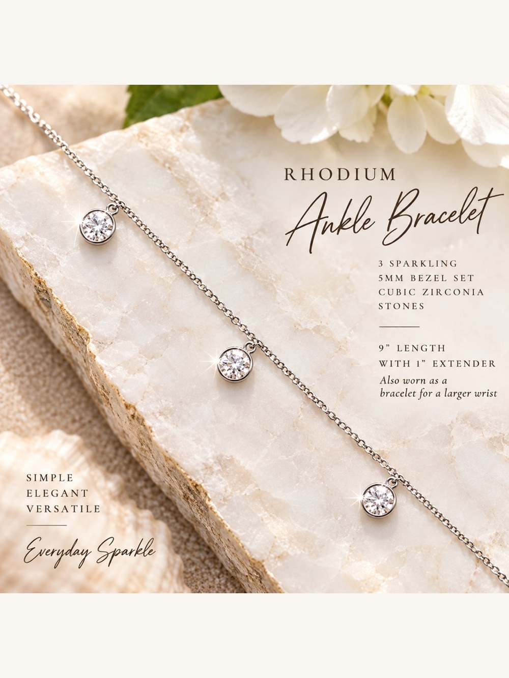 ✨Rhodium CZ Ankle Bracelet – 3 Sparkling 5mm Stones – 9" + Extender – $25